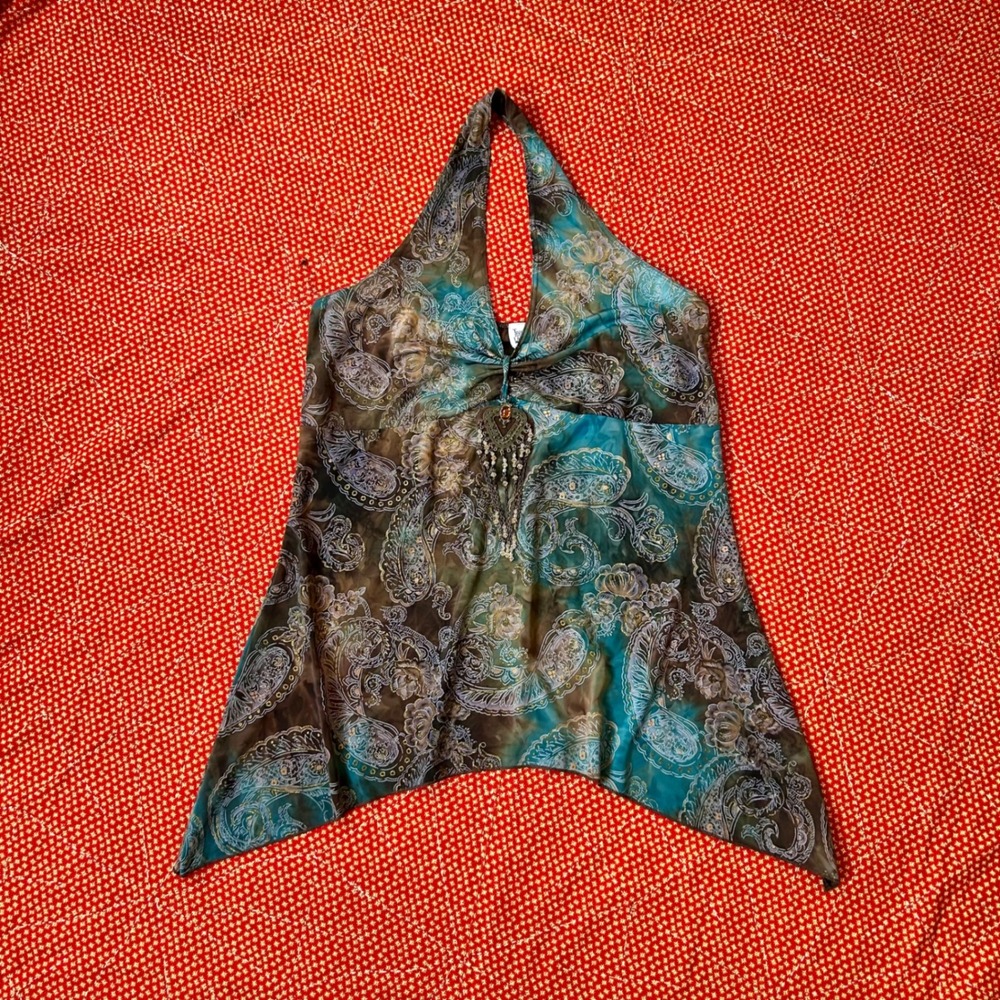 Teenie Weenie Vintage 2000s Blue Brown Paisley fairy Halter Top Beaded Boho 2X